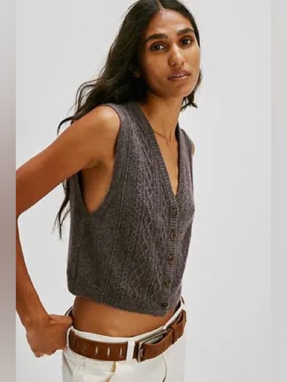Free People Beatrice 100% Cashmere Cable Knit Button-Front Vest in Plum Truffle - Picture 1 of 10